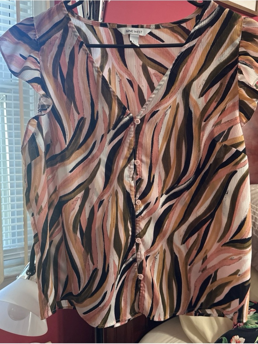 Nine West Pink, Black & Tan Abstract Stripe Button-Front Blouse
